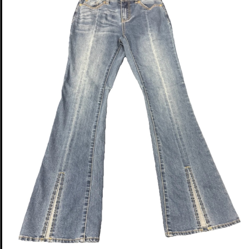 Versona Flare Split Wide Leg Jeans Medium Wash Mid-Rise Woman’s Jeans Size ( 0 )